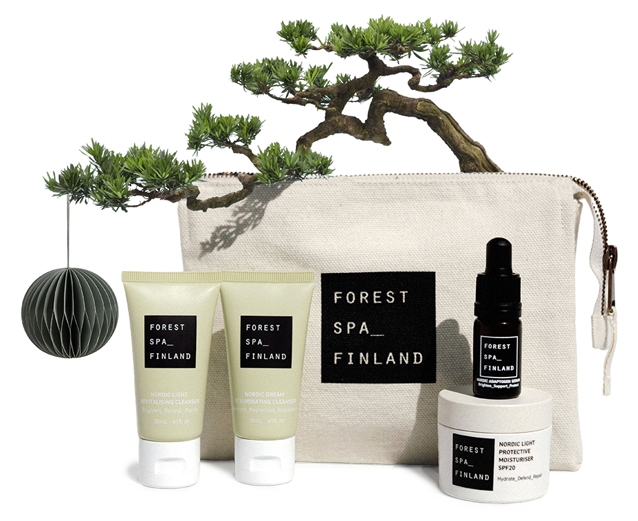 Forest Journeys – Exclusive Skincare Set: cosmetic bag with cleansers, serum and moisturiser